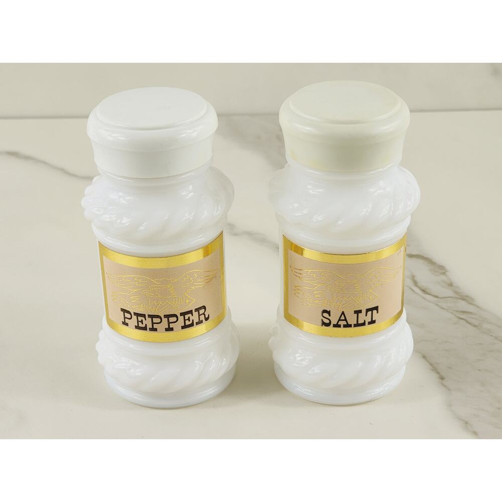 Salt & Pepper Shakers New Milk Glass White 80s Gold Label 3 3/4" Vintage